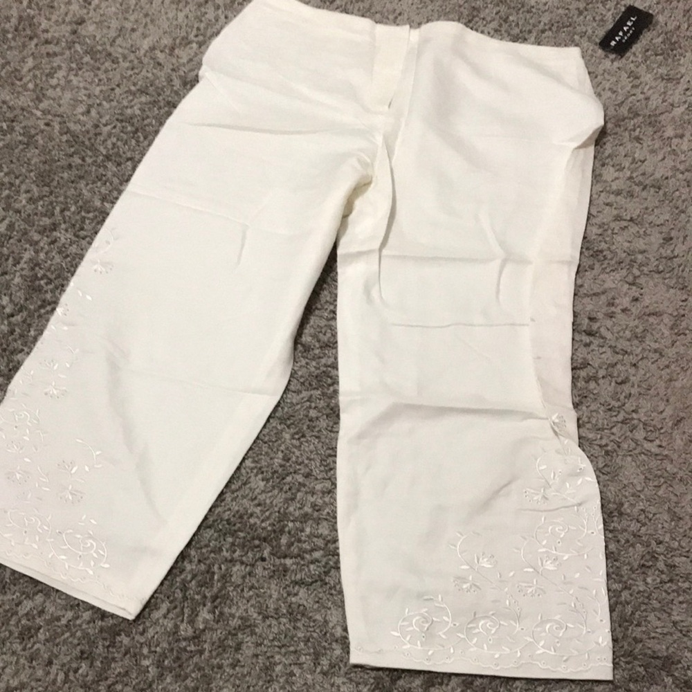 Women’s White Embroidered linen Pants no pockets and back elastic for great fit